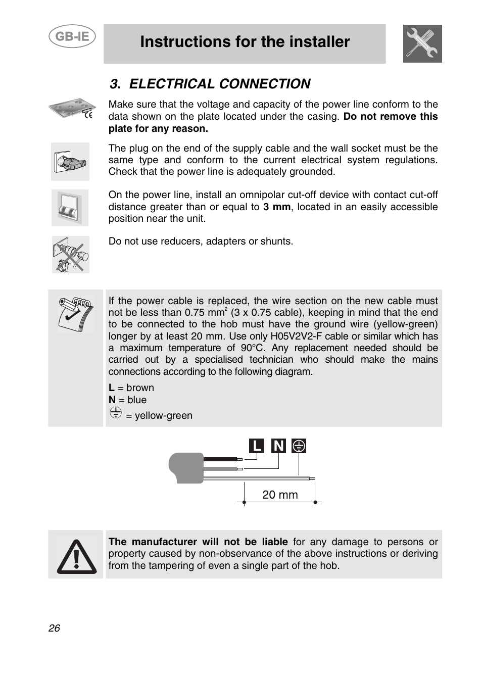 Electrical connection, Instructions for the installer, Do not use reducers, adapters or shunts | L = brown n = blue = yellow-green | Smeg Genuine Apell Gas Hob AP704S3 User Manual | Page 6 / 16