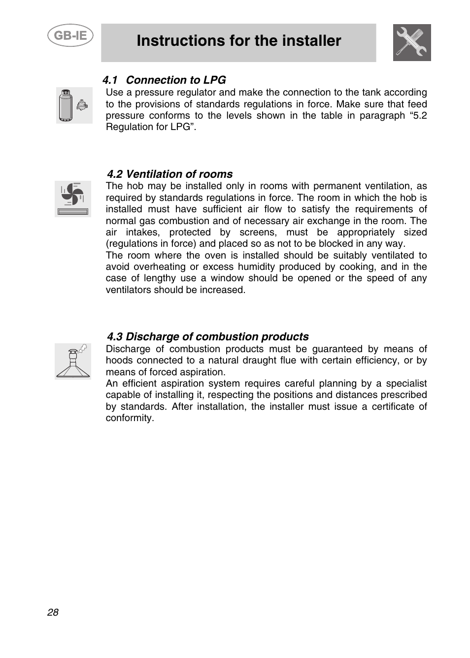 Connection to lpg, 2 ventilation of rooms, 3 discharge of combustion products | Instructions for the installer | Smeg Genuine Apell Gas Hob AP704S3 User Manual | Page 8 / 16
