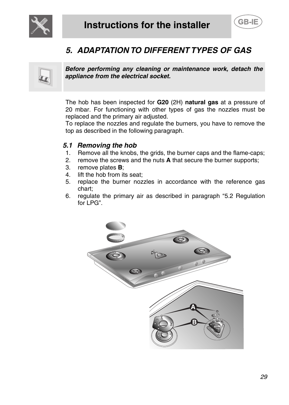 Adaptation to different types of gas, 1 removing the hob, Instructions for the installer | Smeg Genuine Apell Gas Hob AP704S3 User Manual | Page 9 / 16