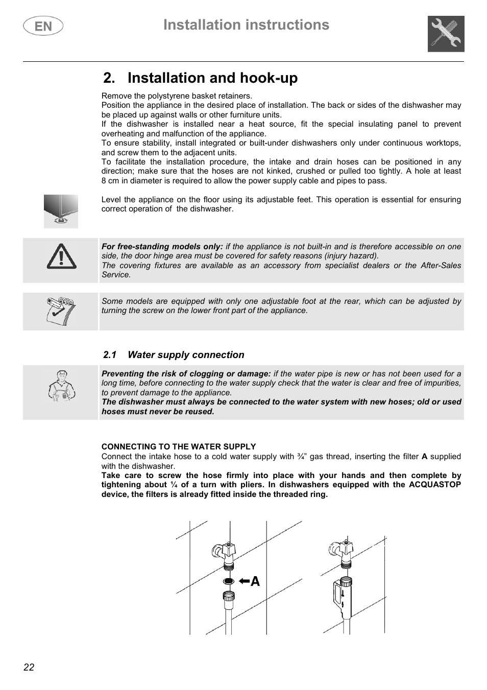 Installation instructions, Installation and hook-up | Smeg ST1107 User Manual | Page 15 / 28