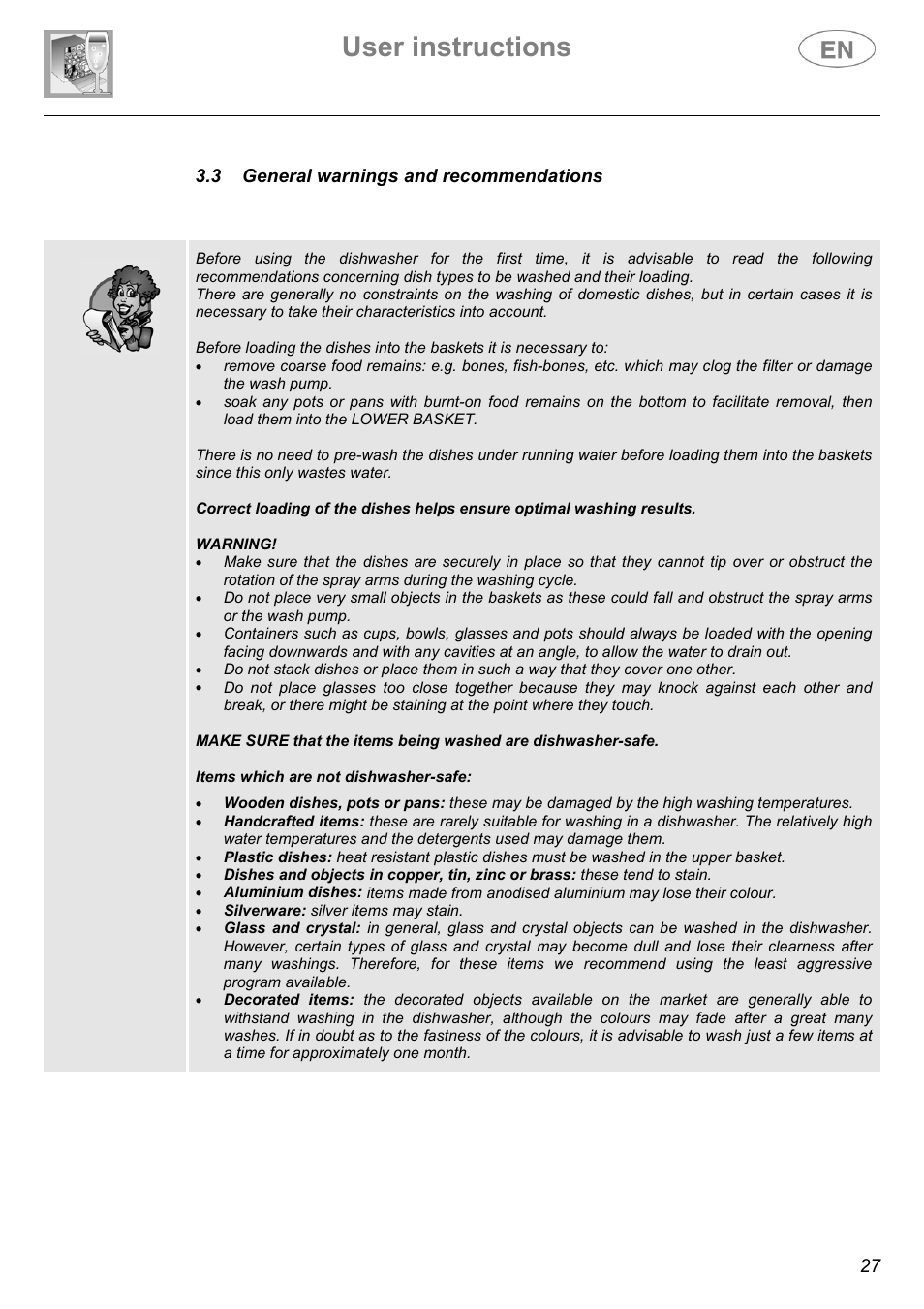 User instructions, 27 3.3 general warnings and recommendations | Smeg ST1107 User Manual | Page 20 / 28
