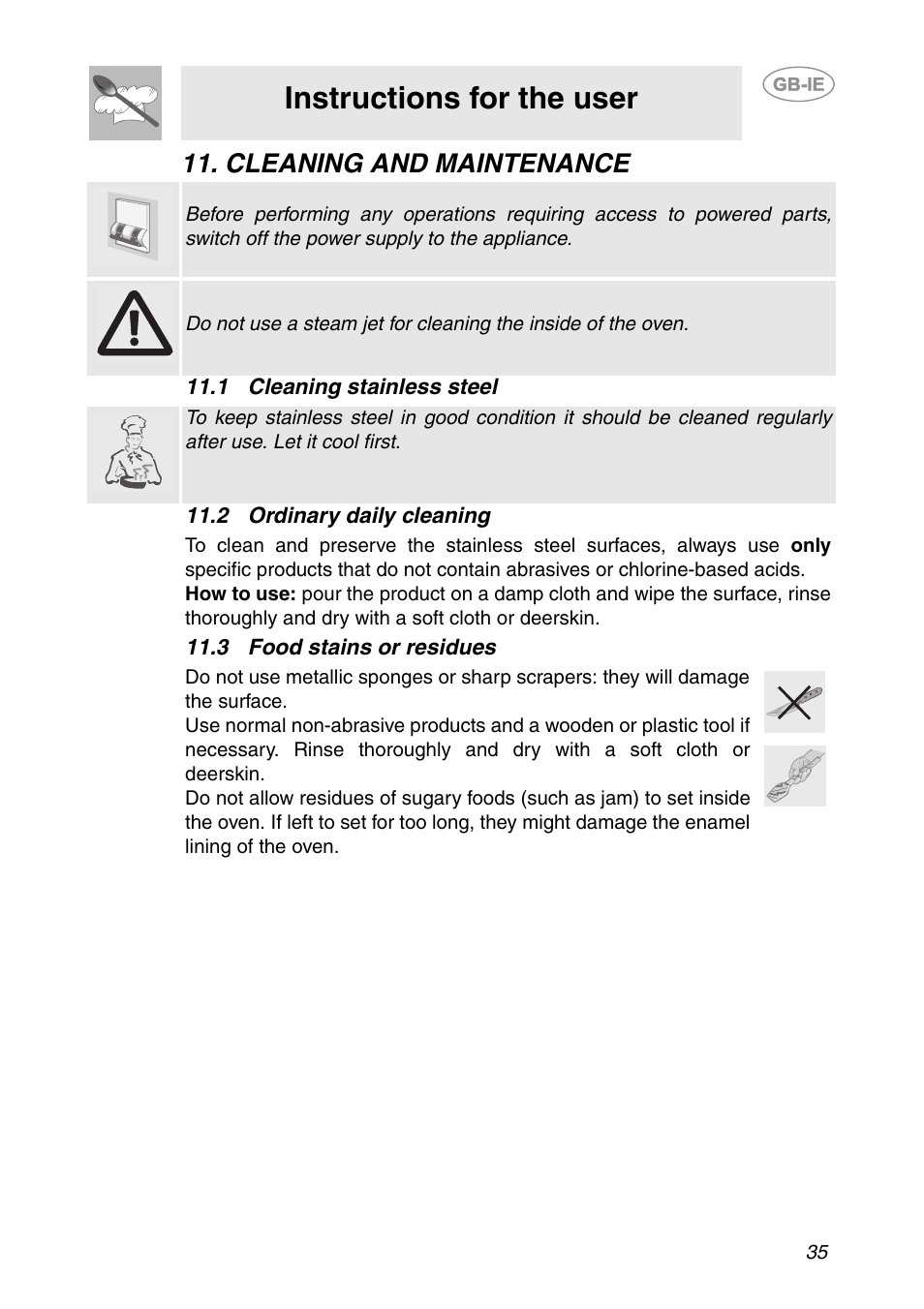 Cleaning and maintenance, 1 cleaning stainless steel, 2 ordinary daily cleaning | 3 food stains or residues, Instructions for the user | Smeg SC321N User Manual | Page 13 / 20