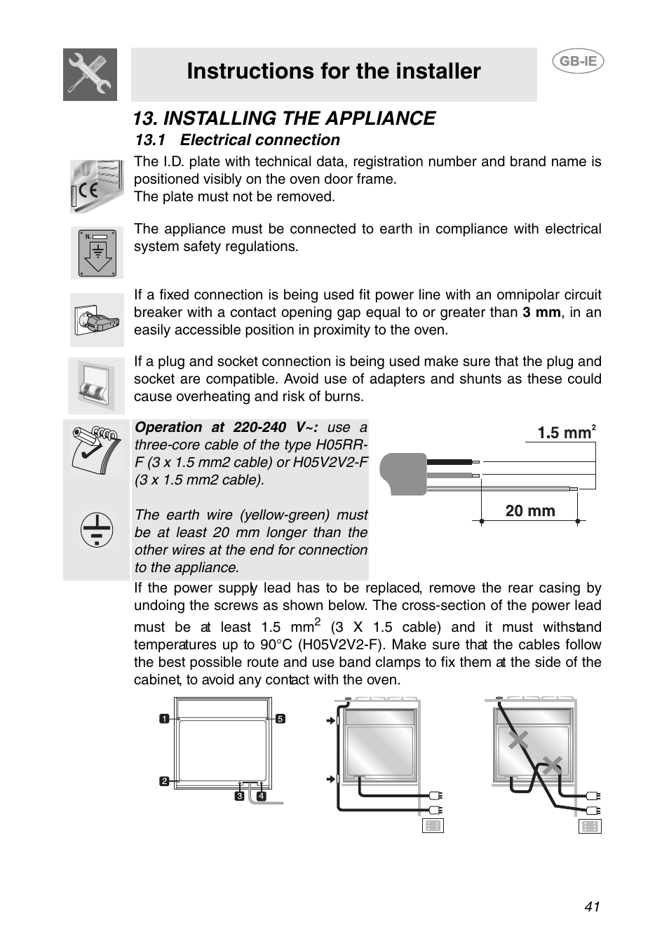 Installing the appliance, 1 electrical connection, Instructions for the installer | Smeg SC321N User Manual | Page 19 / 20