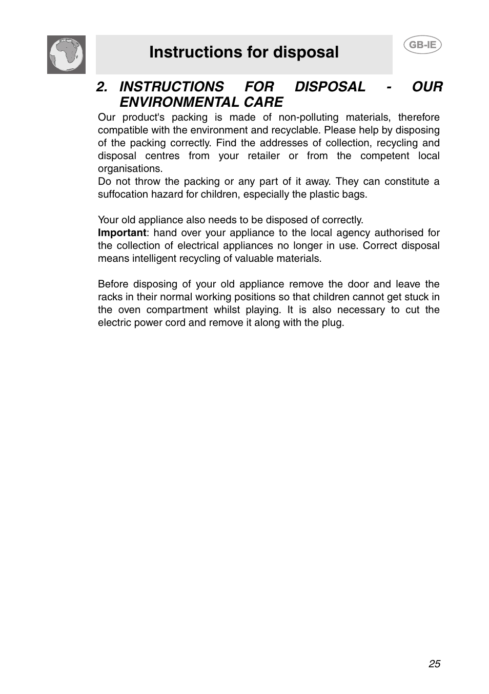 Instructions for disposal - our environmental care, Instructions for disposal | Smeg SC321N User Manual | Page 3 / 20