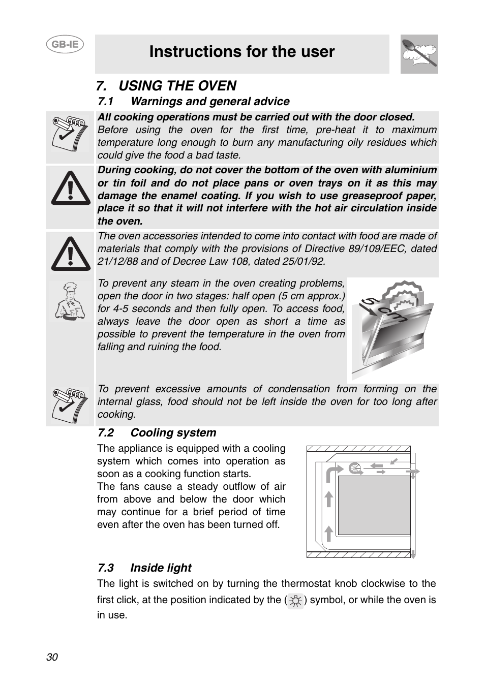 Using the oven, 1 warnings and general advice, 2 cooling system | 3 inside light, Instructions for the user | Smeg SC321N User Manual | Page 8 / 20