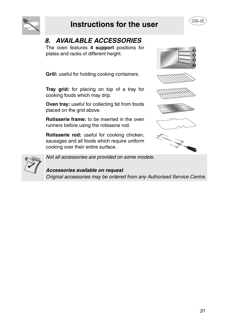 Available accessories, Instructions for the user | Smeg SC321N User Manual | Page 9 / 20