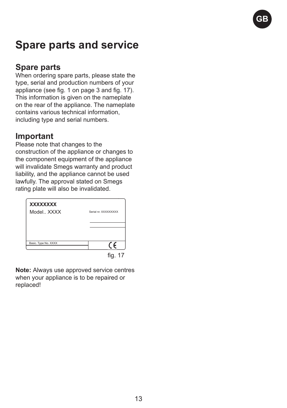 Spare parts and service, Gb spare parts, Important | Smeg SW Range User Manual | Page 13 / 14