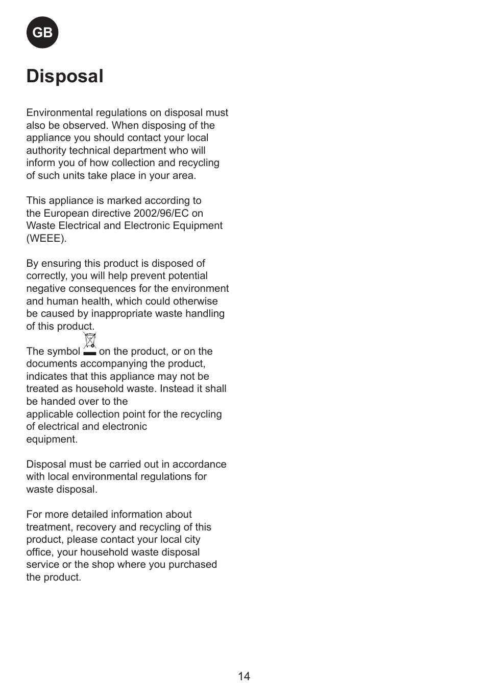 Disposal | Smeg SW Range User Manual | Page 14 / 14