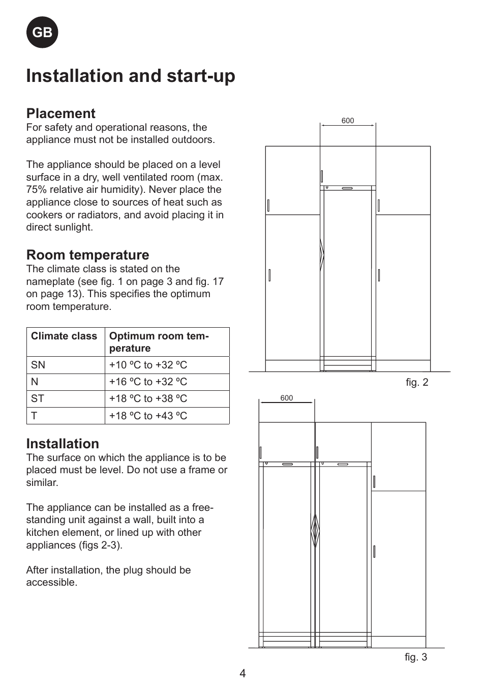 Installation and start-up, Placement, Room temperature | Installation | Smeg SW Range User Manual | Page 4 / 14