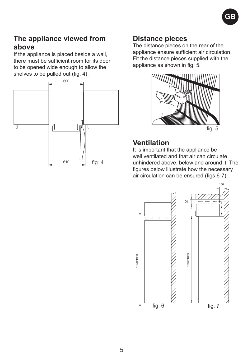 Ventilation, The appliance viewed from above, Distance pieces | Smeg SW Range User Manual | Page 5 / 14