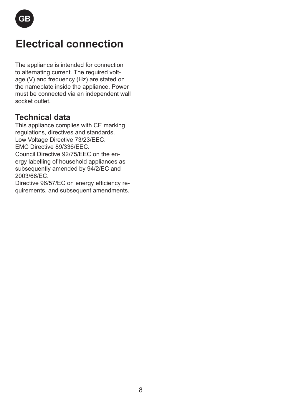 Electrical connection, Technical data | Smeg SW Range User Manual | Page 8 / 14