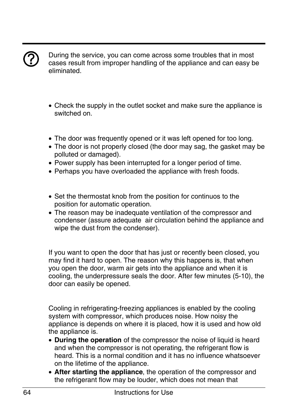 Trouble shooting guide, The red light is on, Continuous operation of the cooling system | The door is hard to open, Noise | Smeg UKVI144B User Manual | Page 14 / 15