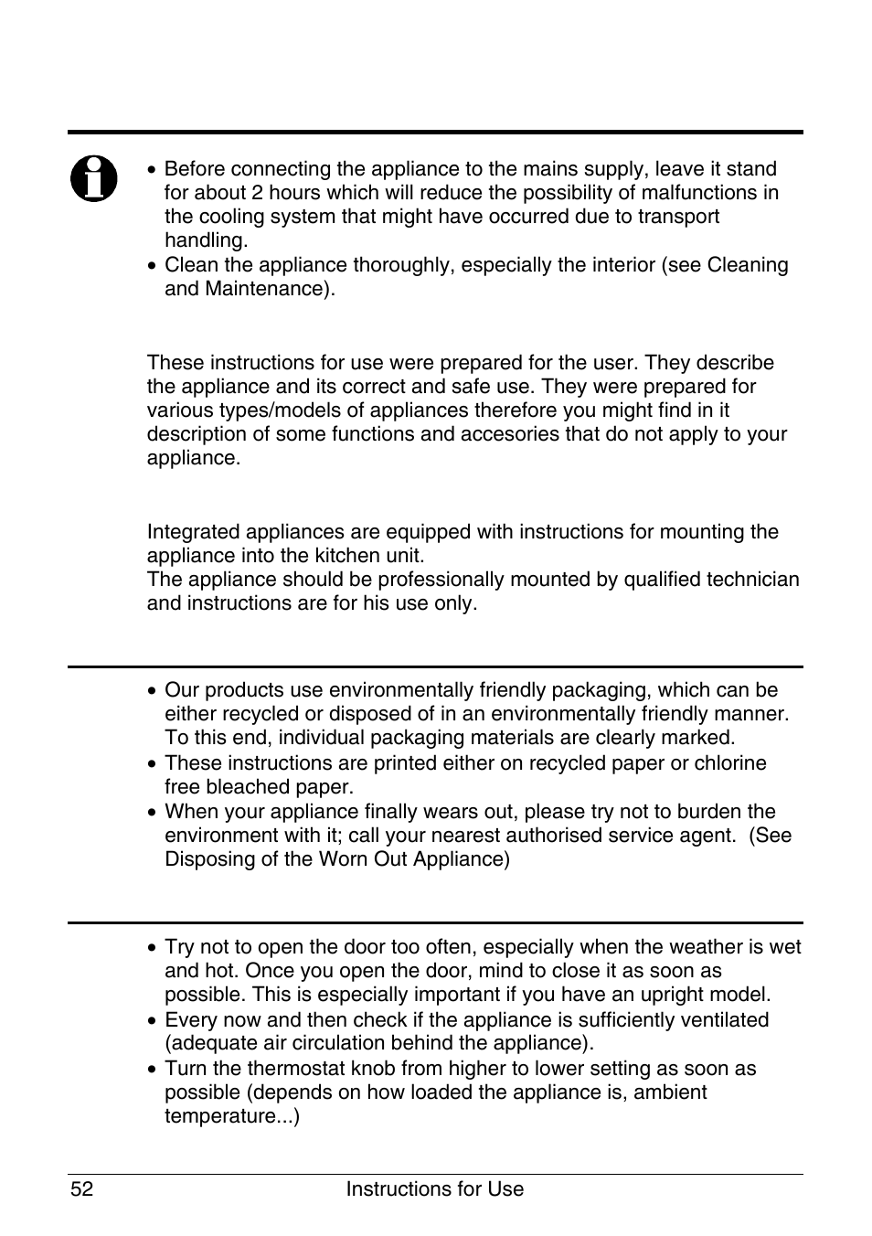 Before putting into use, We care for the environment, Tips for energy saving | Instructions for use, Instructions | Smeg UKVI144B User Manual | Page 2 / 15