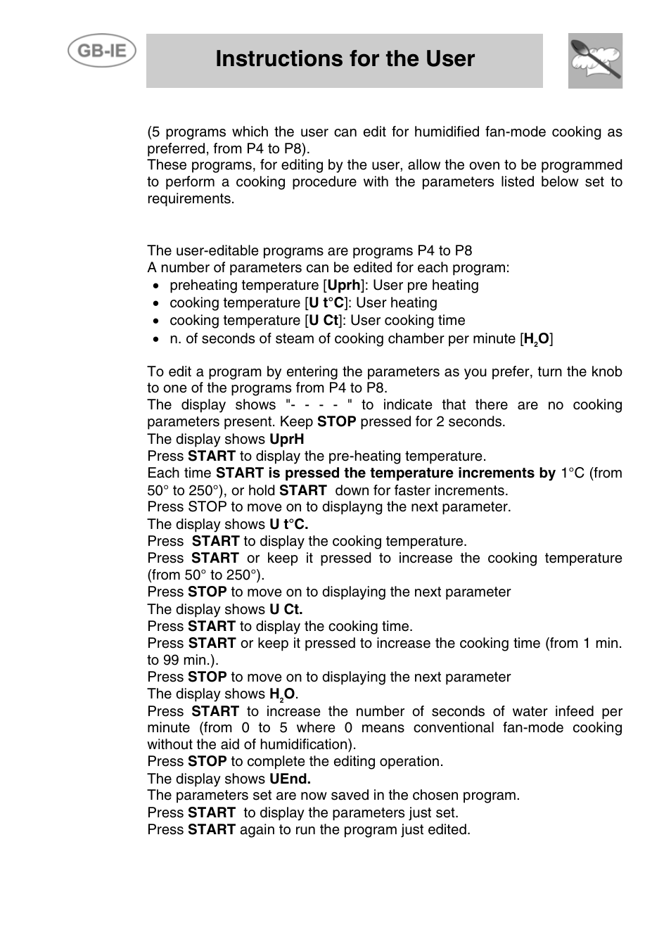 Humidified fan-mode cooking, 6 editing a program, Instructions for the user | Smeg ALFA41VEK User Manual | Page 10 / 18