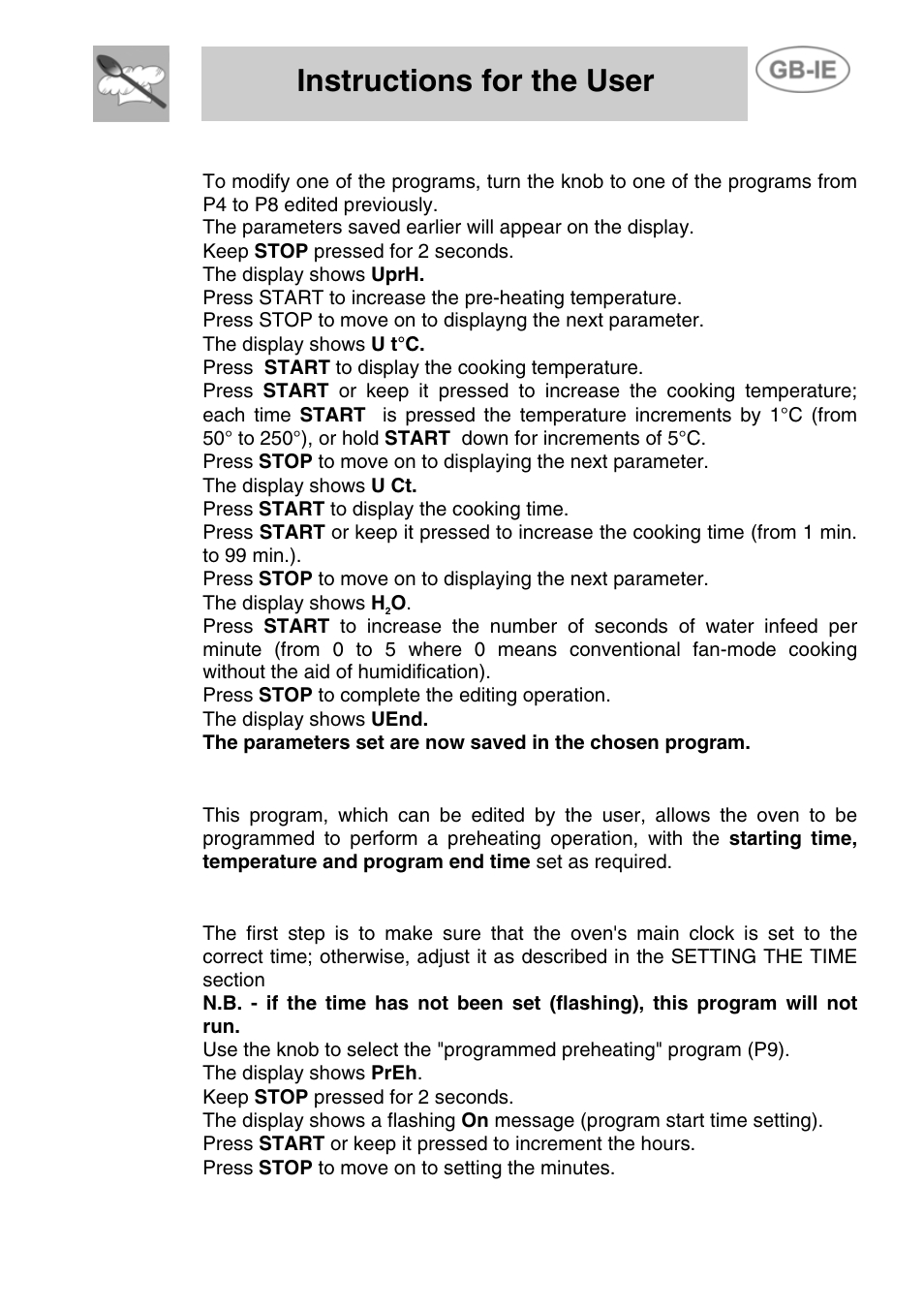 Modifying a previously edited program, 8 programmed preheating p9, 9 setting "programmed preheating | Instructions for the user | Smeg ALFA41VEK User Manual | Page 11 / 18