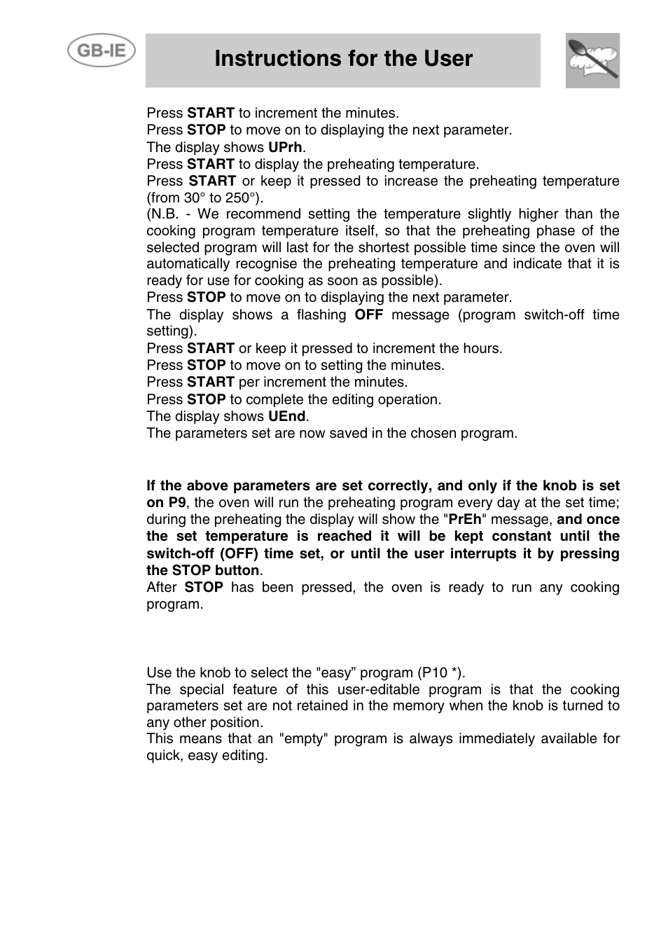 10 how "programmed preheating" works, 11 manual mode cooking, Instructions for the user | Smeg ALFA41VEK User Manual | Page 12 / 18