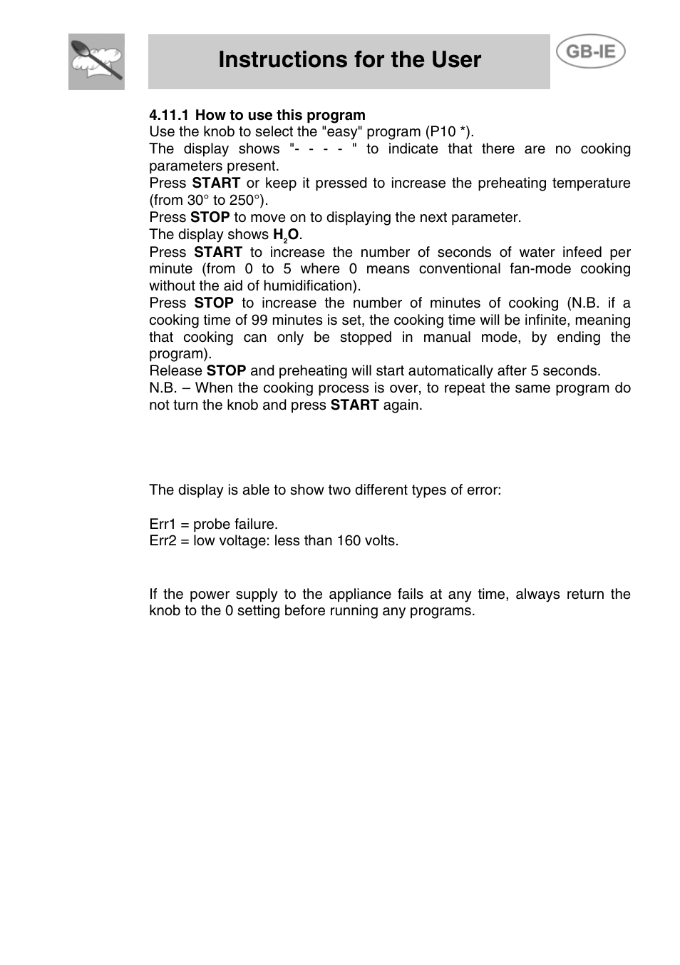 1 how to use this program, 12 possible error messages on the display, 13 technical notes | Instructions for the user | Smeg ALFA41VEK User Manual | Page 13 / 18