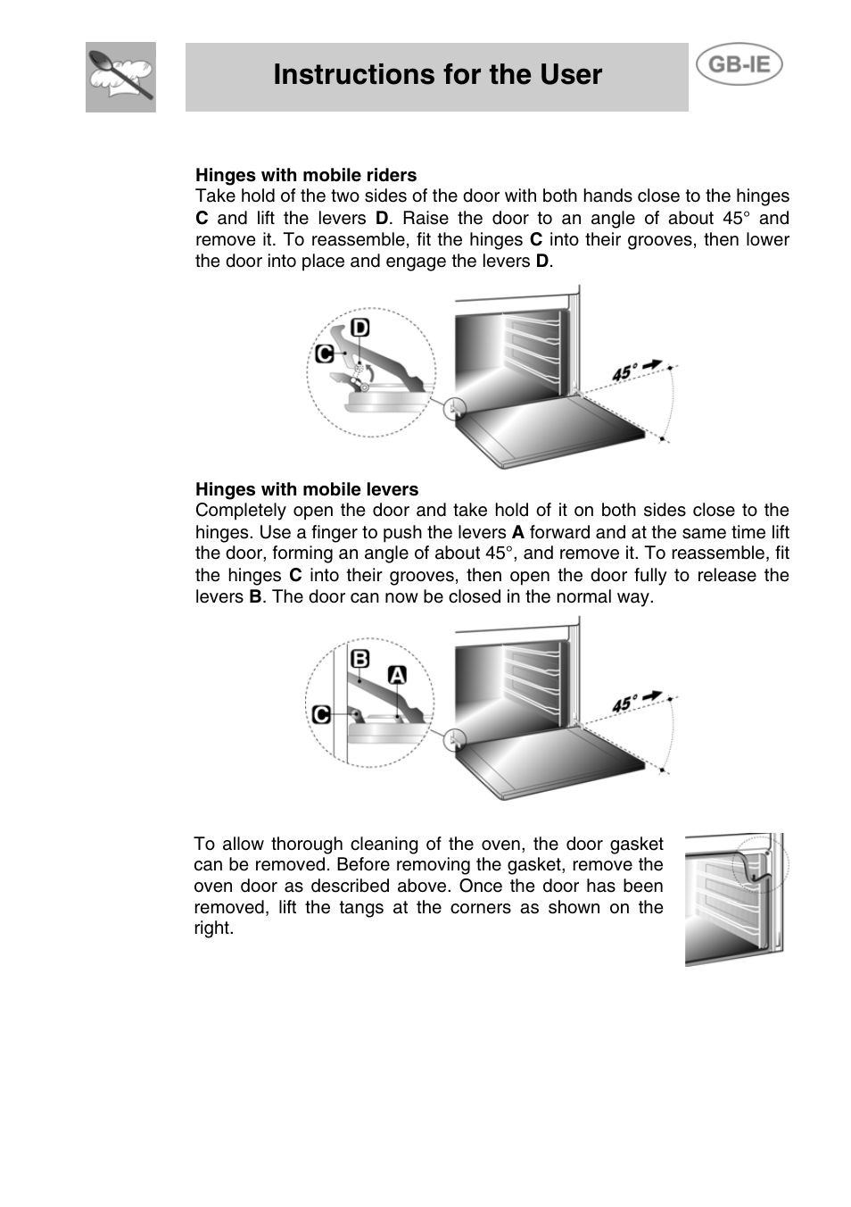 Removing the door, 3 oven door gasket, Instructions for the user | 2 removing the door | Smeg ALFA41VEK User Manual | Page 17 / 18