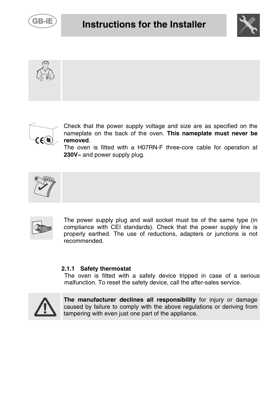 Installing the oven, 1 electrical connection, 1 safety thermostat | Instructions for the installer | Smeg ALFA41VEK User Manual | Page 4 / 18
