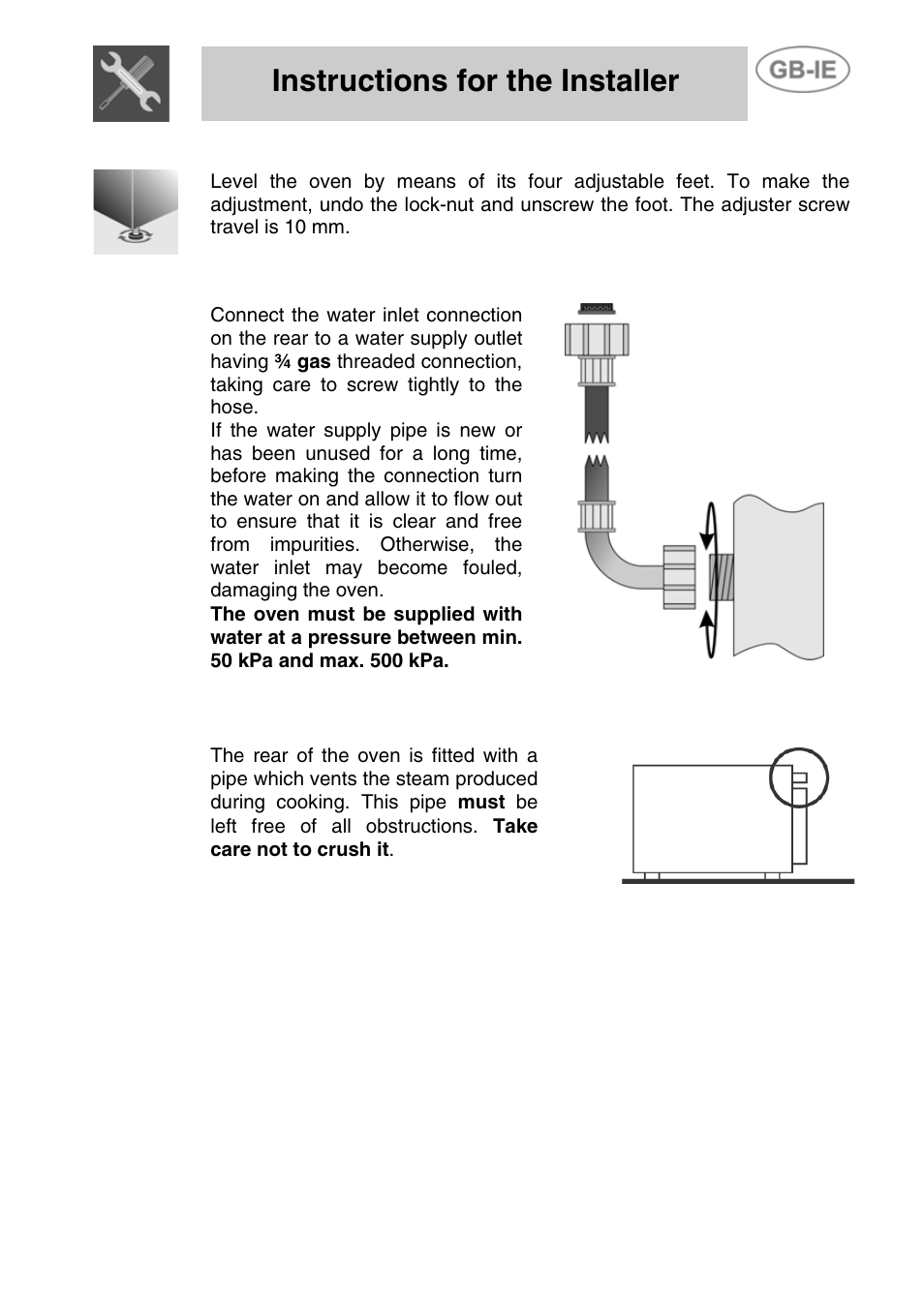 2 levelling, 3 connection to the water supply, 4 steam vent pipe | Instructions for the installer | Smeg ALFA41VEK User Manual | Page 5 / 18