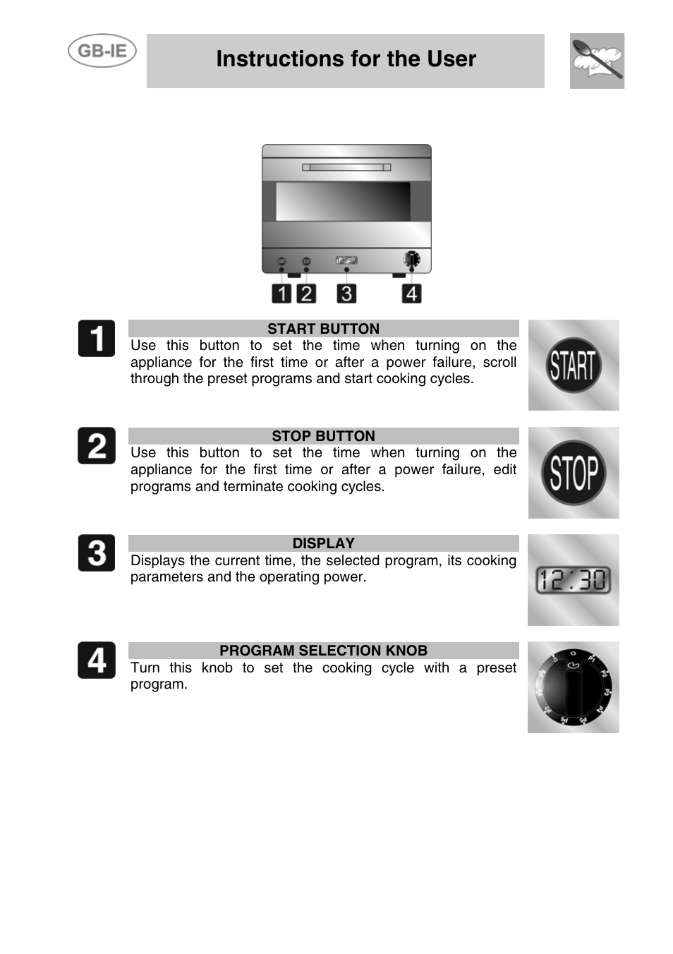 Description of front panel controls, Instructions for the user | Smeg ALFA41VEK User Manual | Page 6 / 18