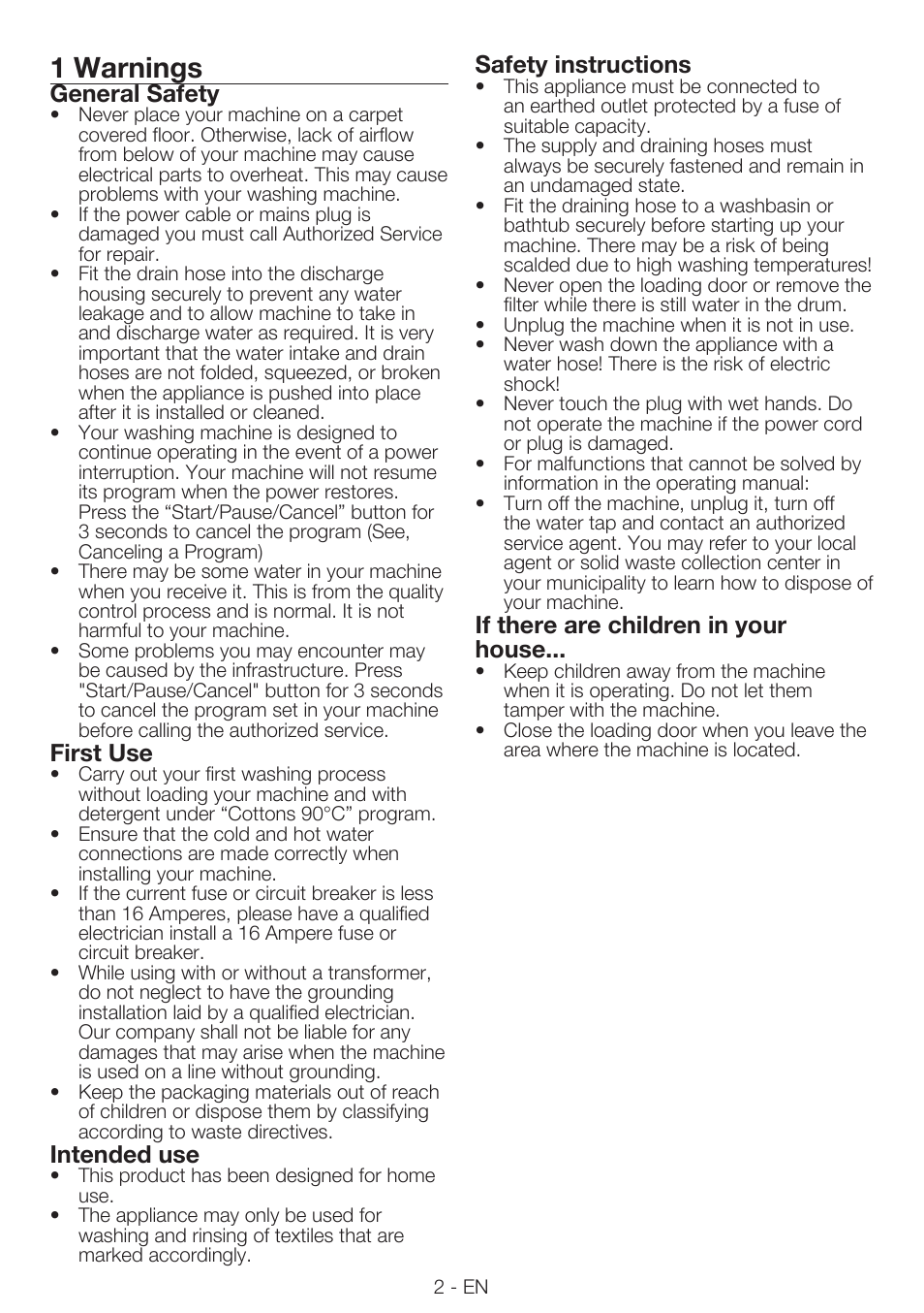 1 warnings, General safety, First use | Intended use, Safety instructions, If there are children in your house | Smeg LBS86-1 User Manual | Page 2 / 12