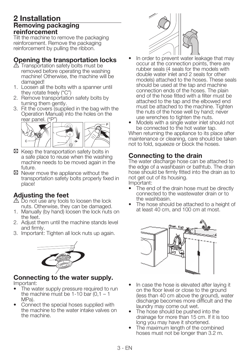 2 installation, Removing packaging reinforcement, Opening the transportation locks | Adjusting the feet, Connecting to the water supply, Connecting to the drain | Smeg LBS86-1 User Manual | Page 3 / 12