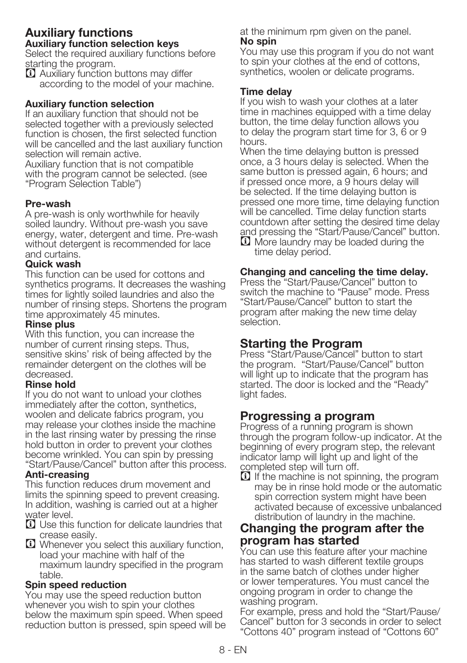 Auxiliary functions, Starting the program, Progressing a program | Changing the program after the program has started | Smeg LBS86-1 User Manual | Page 8 / 12