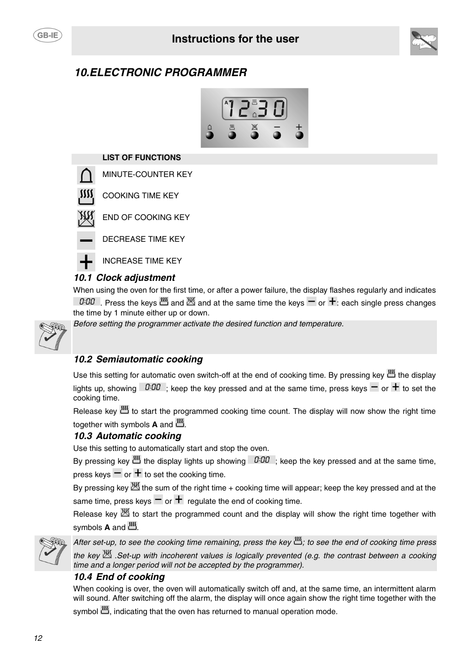 Electronic programmer, 1 clock adjustment, 2 semiautomatic cooking | 3 automatic cooking, 4 end of cooking, Instructions for the user | Smeg SUK62CMX5 User Manual | Page 10 / 16