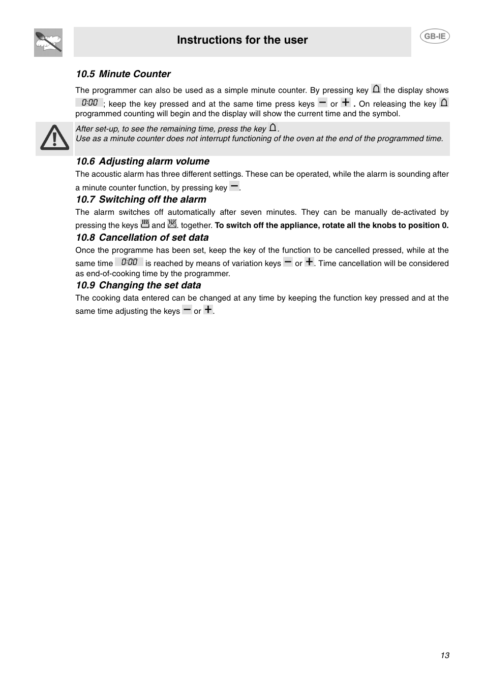 5 minute counter, 6 adjusting alarm volume, 7 switching off the alarm | 8 cancellation of set data, 9 changing the set data, Instructions for the user | Smeg SUK62CMX5 User Manual | Page 11 / 16