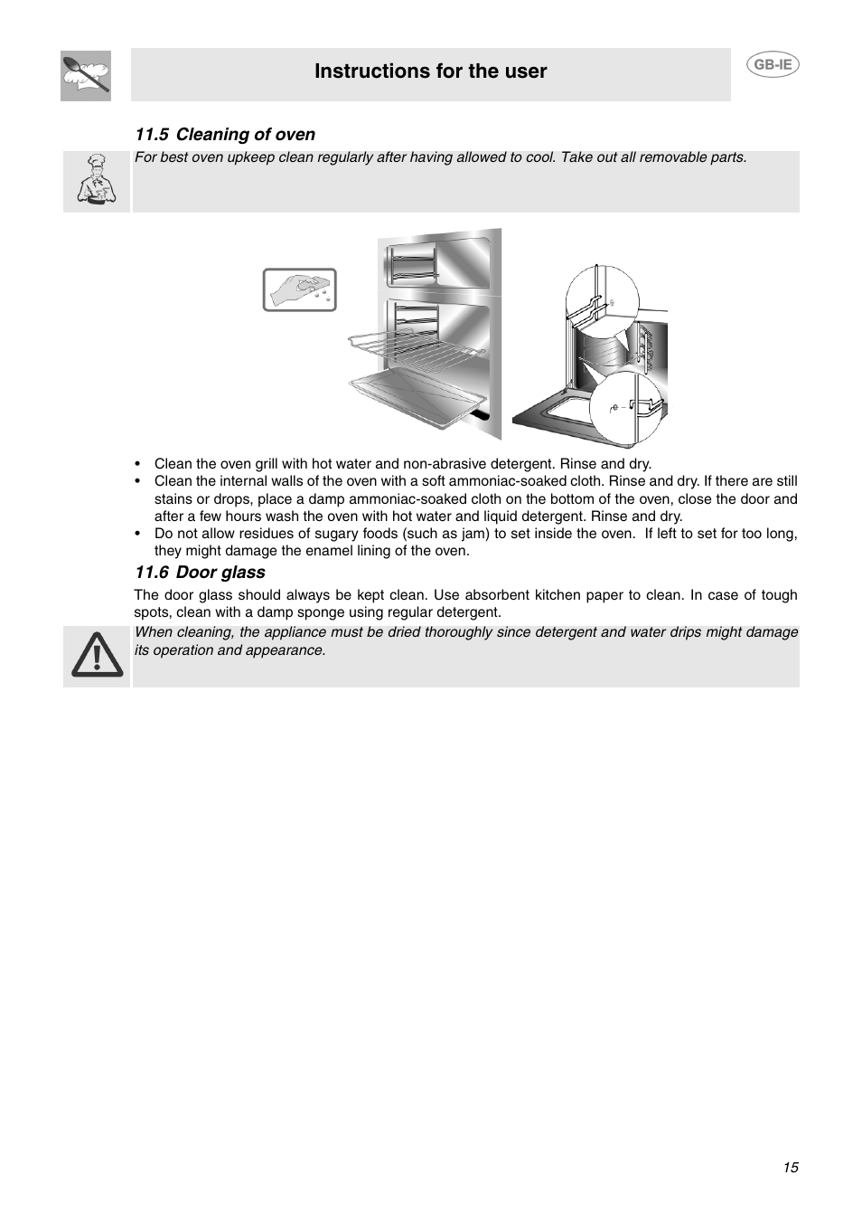 5 cleaning of oven, 6 door glass, Instructions for the user | Smeg SUK62CMX5 User Manual | Page 13 / 16
