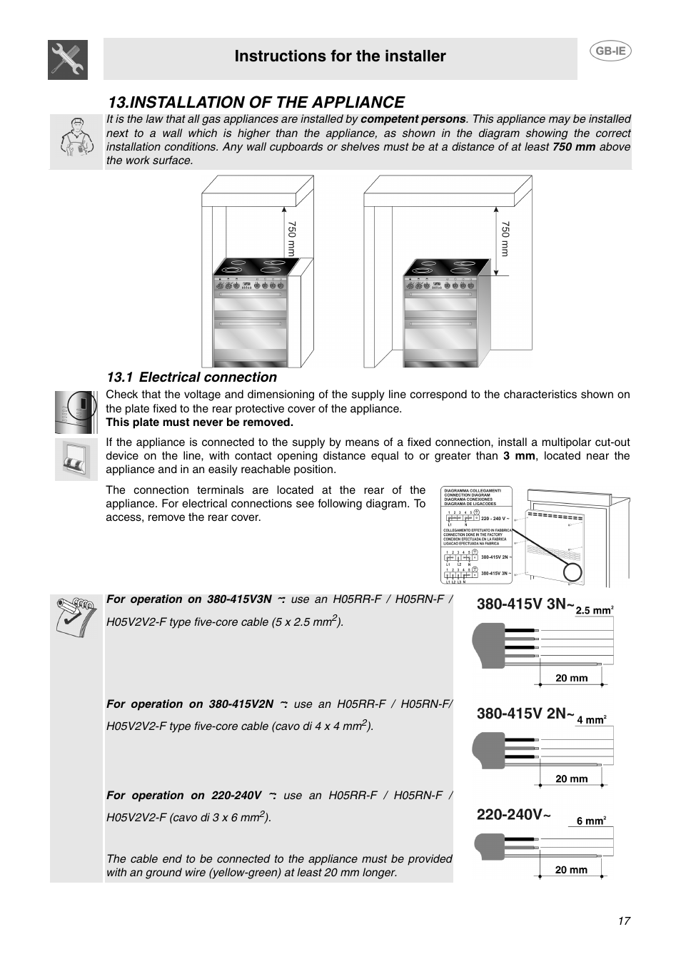 Installation of the appliance, 1 electrical connection, Instructions for the installer | Smeg SUK62CMX5 User Manual | Page 15 / 16