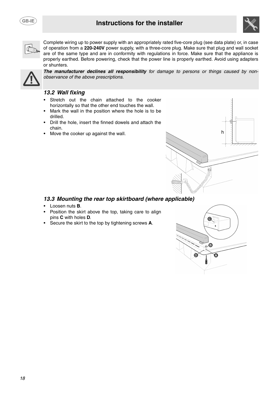 2 wall fixing, Instructions for the installer | Smeg SUK62CMX5 User Manual | Page 16 / 16