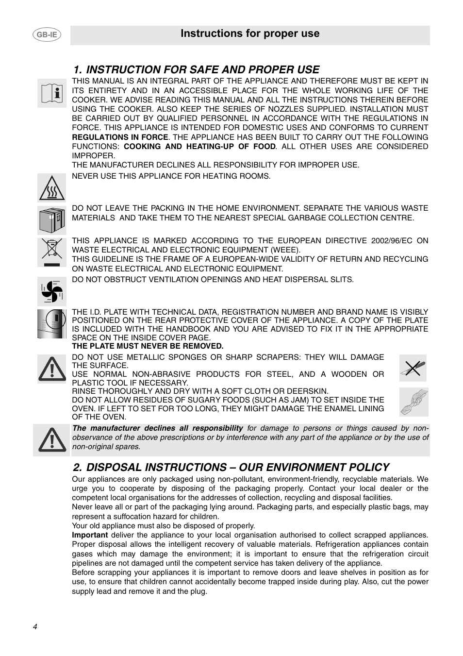 Instruction for safe and proper use, Disposal instructions - our environment policy, Instructions for proper use | Smeg SUK62CMX5 User Manual | Page 2 / 16