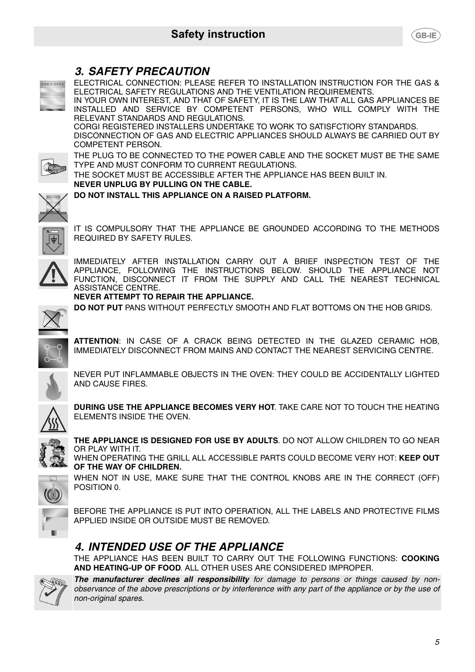 Safety precaution, Intended use of the appliance, Safety precaution 4. intended use of the appliance | Safety instruction | Smeg SUK62CMX5 User Manual | Page 3 / 16