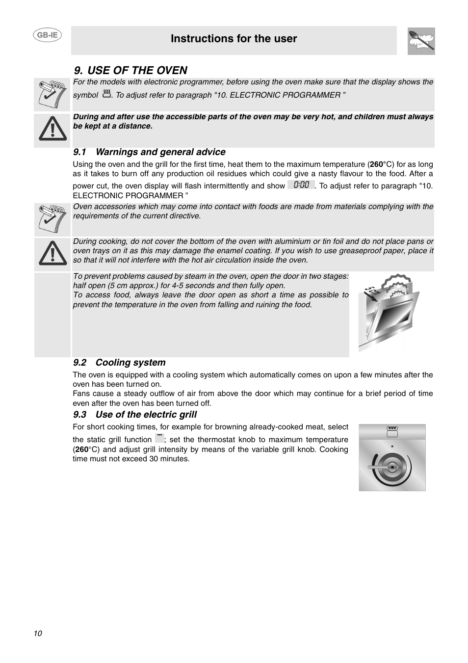 Use of the oven, 1 warnings and general advice, 2 cooling system | 3 use of the electric grill, Instructions for the user | Smeg SUK62CMX5 User Manual | Page 8 / 16