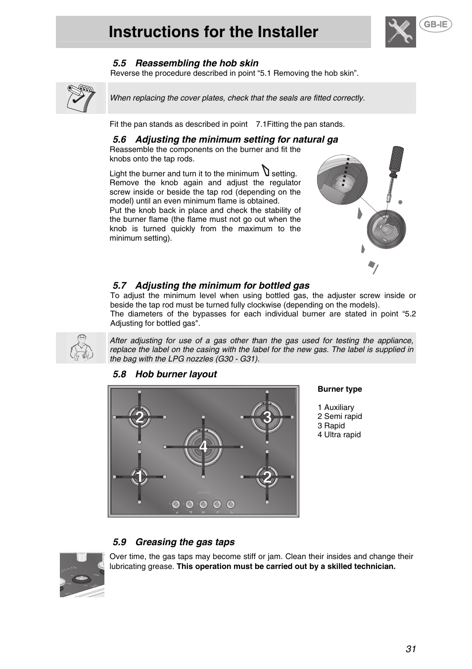 5 reassembling the hob skin, 6 adjusting the minimum setting for natural ga, 7 adjusting the minimum for bottled gas | 8 hob burner layout, 9 greasing the gas taps, Reassembling the hob skin, Adjusting the minimum setting for natural ga, Adjusting the minimum for bottled gas, Hob burner layout, Greasing the gas taps | Smeg PVA750D User Manual | Page 11 / 18