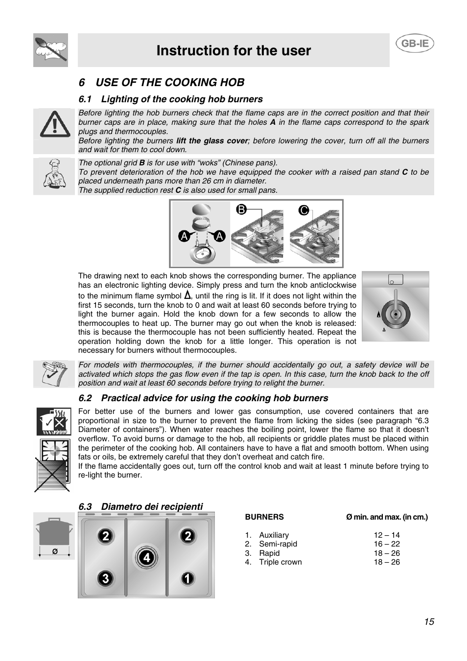 Instruction for the user, 6 use of the cooking hob, 1 lighting of the cooking hob burners | 3 diametro dei recipienti | Smeg SCB80GX User Manual | Page 13 / 24