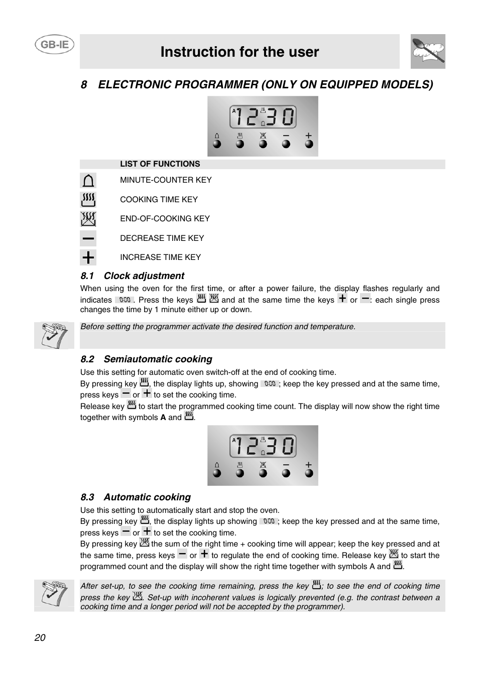 Instruction for the user, 8 electronic programmer (only on equipped models), 1 clock adjustment | 2 semiautomatic cooking, 3 automatic cooking | Smeg SCB80GX User Manual | Page 18 / 24