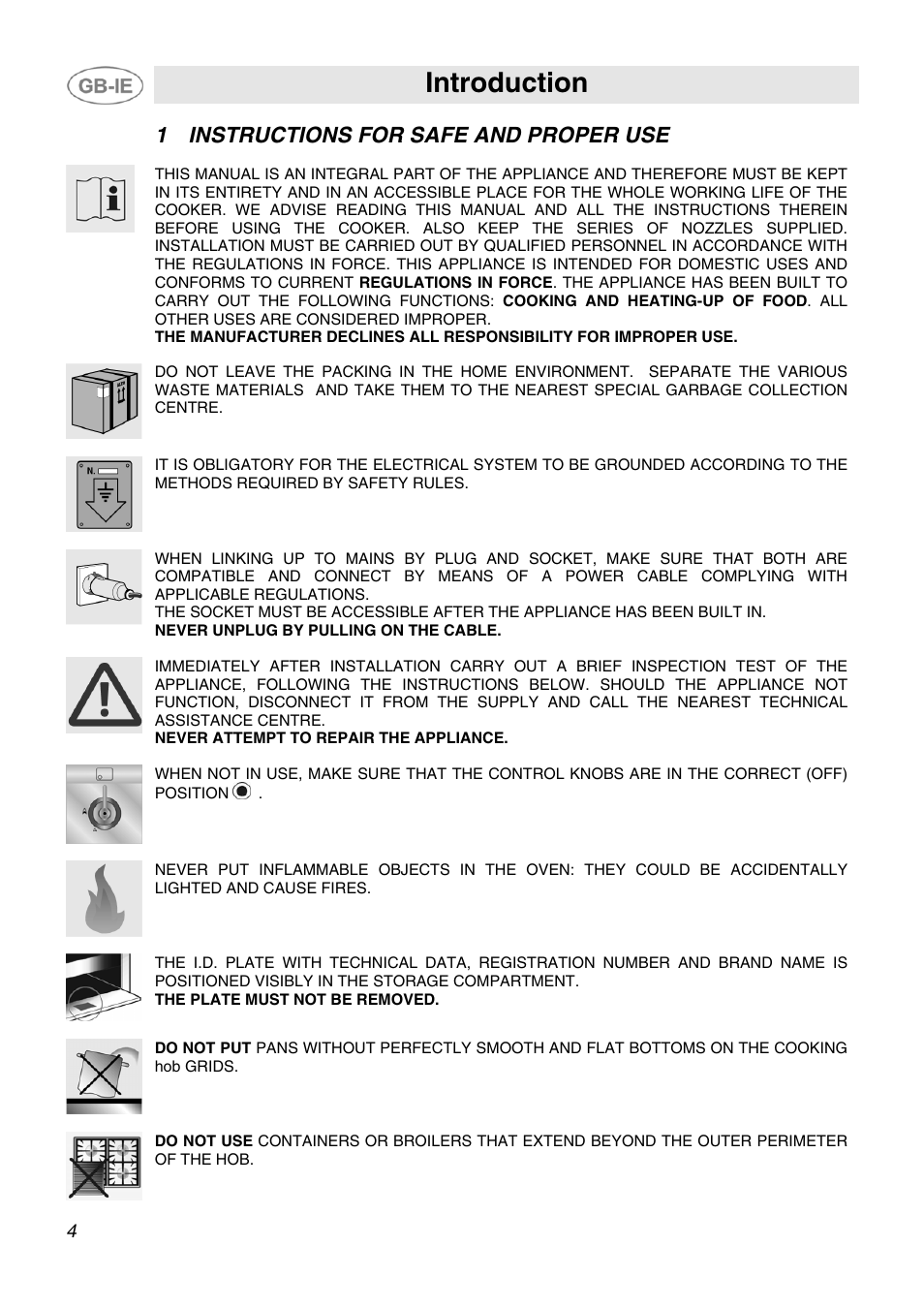 Introduction, 1 instructions for safe and proper use | Smeg SCB80GX User Manual | Page 2 / 24