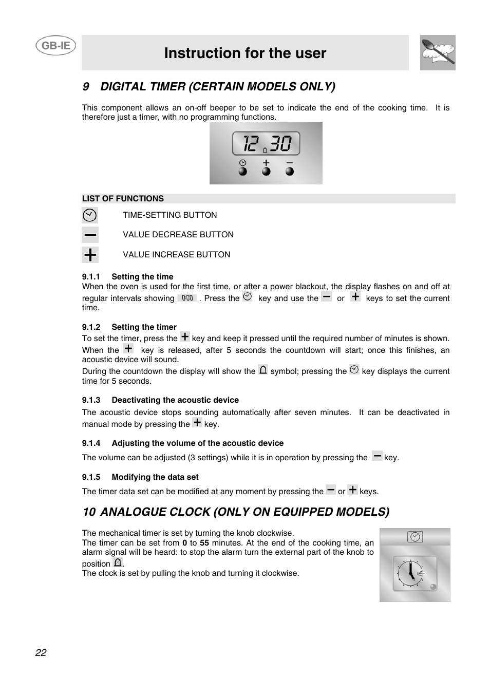 Instruction for the user, 9 digital timer (certain models only), 10 analogue clock (only on equipped models) | Smeg SCB80GX User Manual | Page 20 / 24
