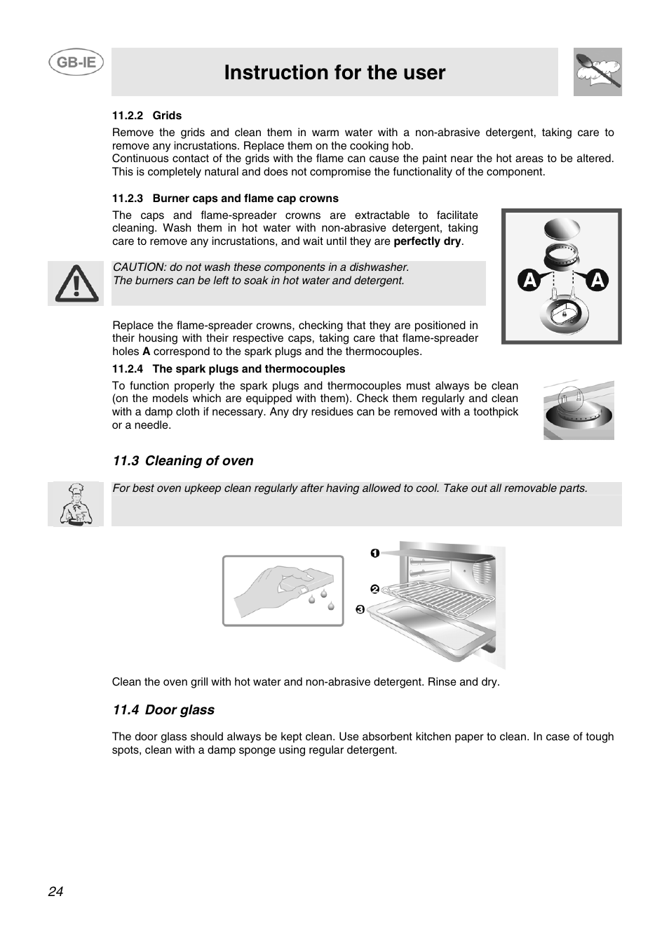 Instruction for the user, 3 cleaning of oven, 4 door glass | Smeg SCB80GX User Manual | Page 22 / 24