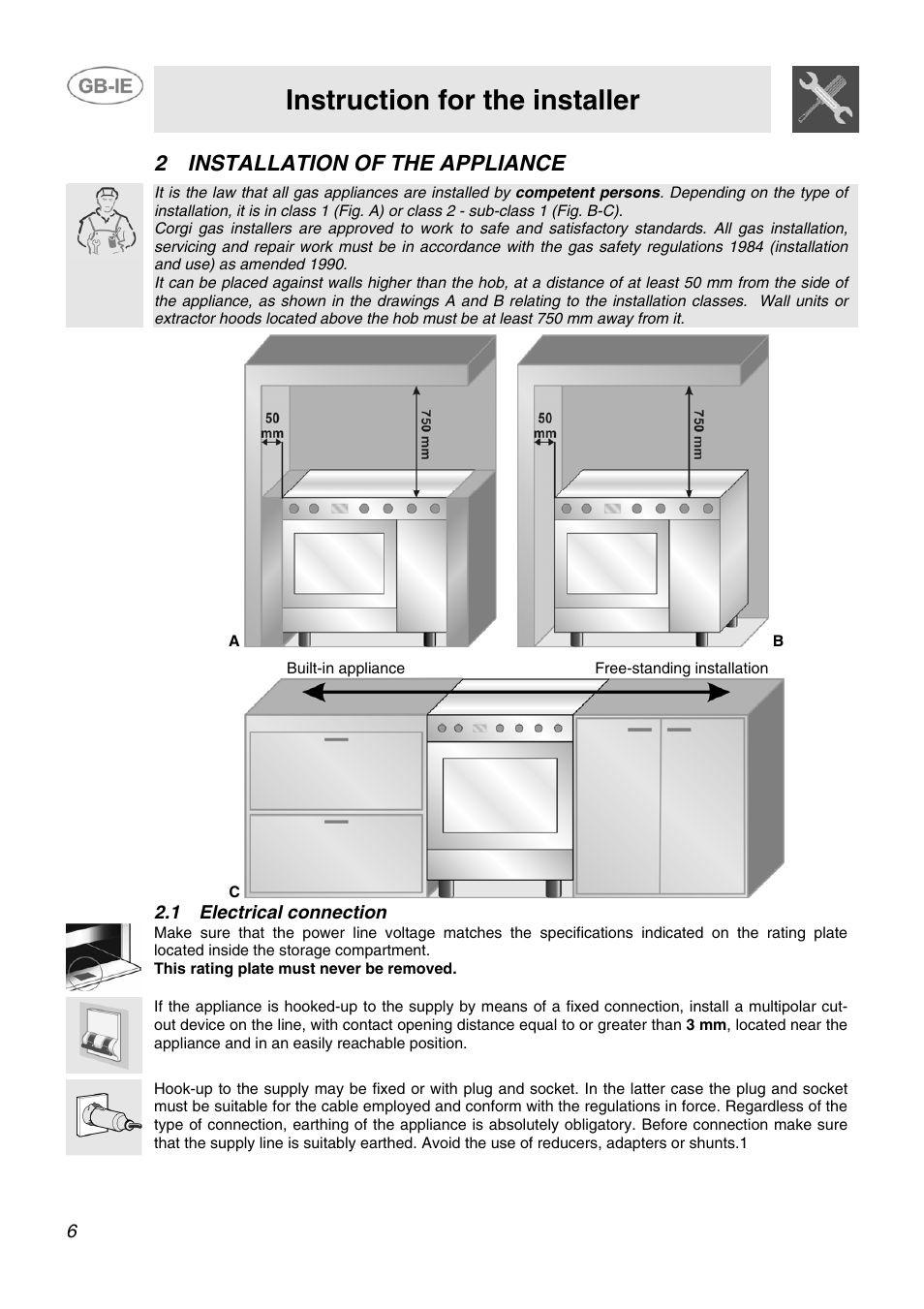 Instruction for the installer, 2 installation of the appliance, 1 electrical connection | Smeg SCB80GX User Manual | Page 4 / 24