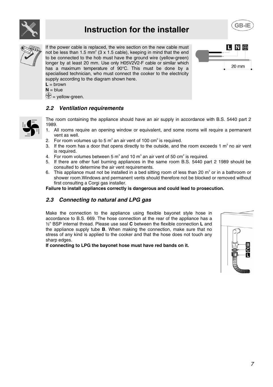 Instruction for the installer, 2 ventilation requirements, 3 connecting to natural and lpg gas | Smeg SCB80GX User Manual | Page 5 / 24