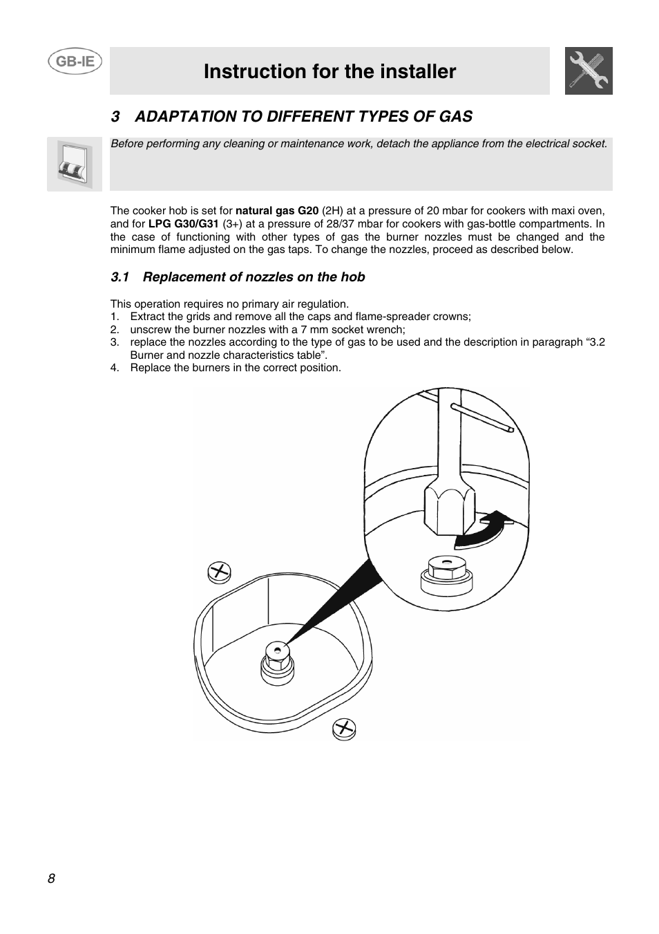 Instruction for the installer, 3 adaptation to different types of gas | Smeg SCB80GX User Manual | Page 6 / 24