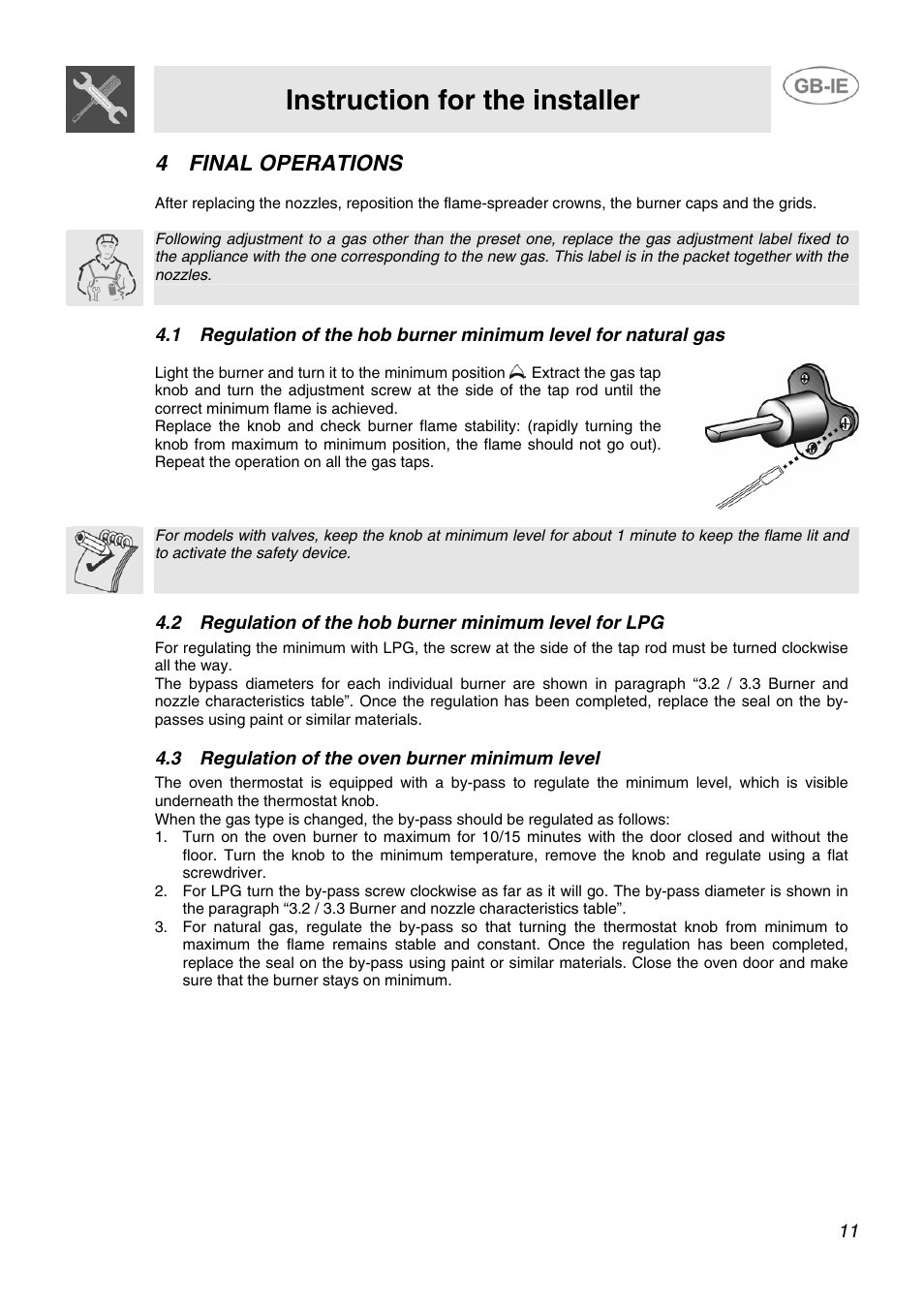 Instruction for the installer, 4 final operations, 3 regulation of the oven burner minimum level | Smeg SCB80GX User Manual | Page 9 / 24