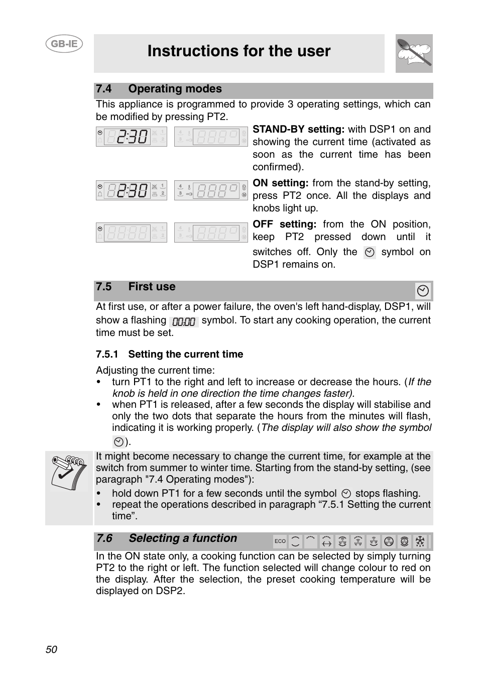 4 operating modes, 5 first use, 1 setting the current time | 6 selecting a function, Instructions for the user | Smeg SCP111-1 User Manual | Page 10 / 38