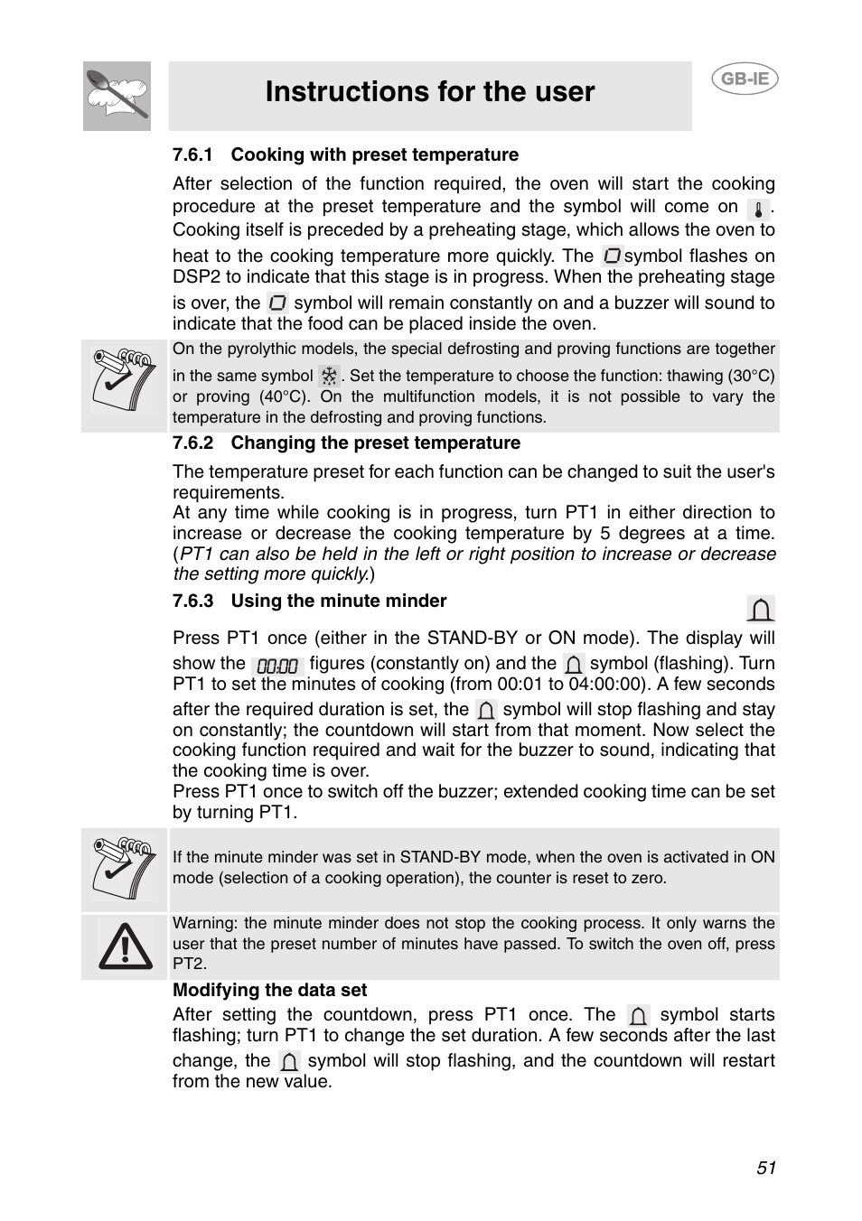 1 cooking with preset temperature, 2 changing the preset temperature, 3 using the minute minder | Instructions for the user | Smeg SCP111-1 User Manual | Page 11 / 38