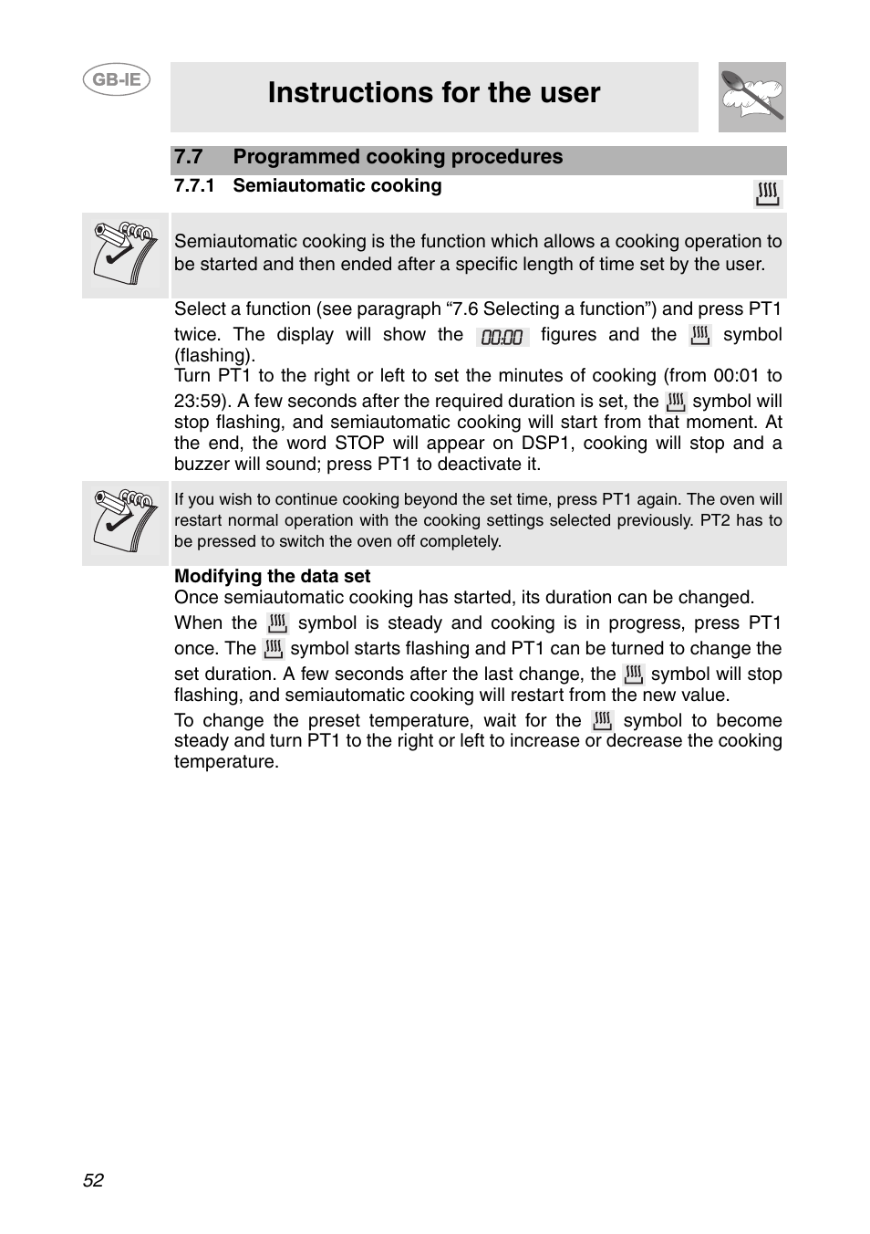 7 programmed cooking procedures, 1 semiautomatic cooking, Instructions for the user | Smeg SCP111-1 User Manual | Page 12 / 38