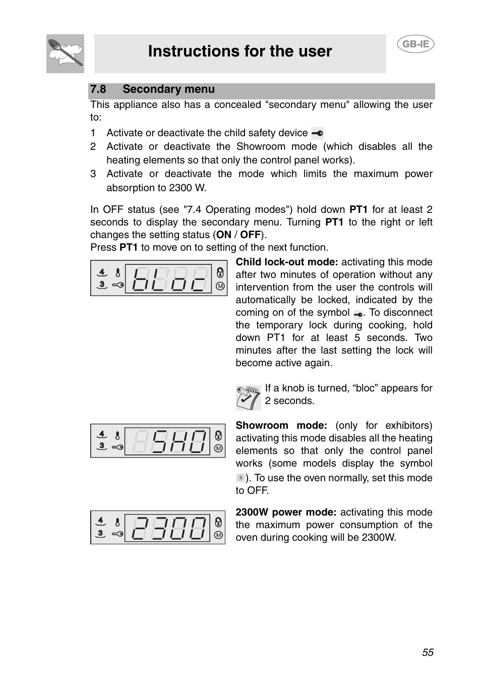 8 secondary menu, 1 activate or deactivate the child safety device, Instructions for the user | Smeg SCP111-1 User Manual | Page 15 / 38